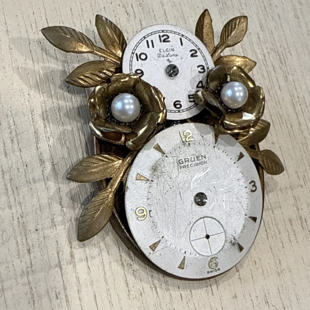 Vintage Handmade‎ Watch Face & Parts Brooch Pin One Of A Kind
